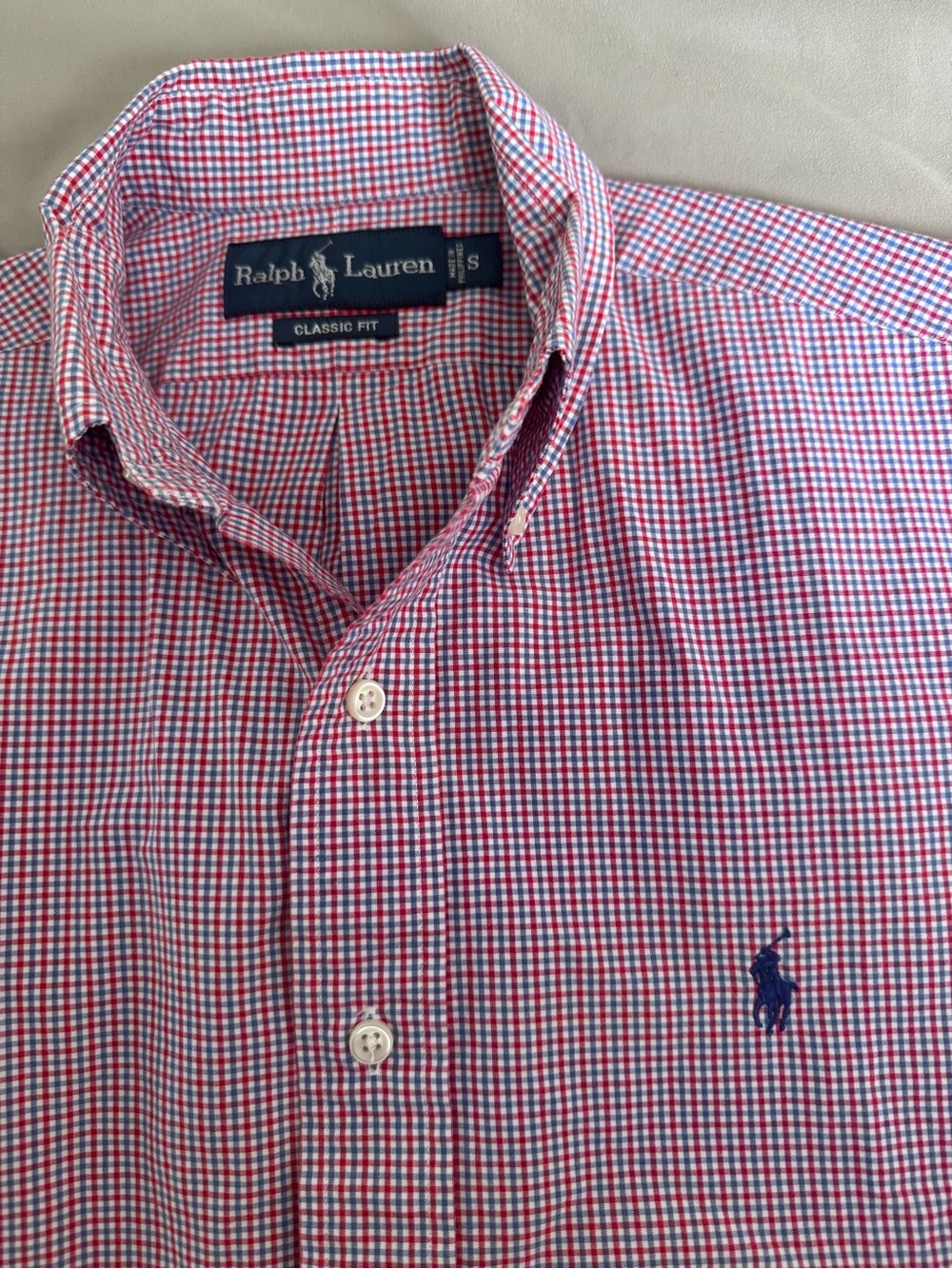 Ralph Lauren Red, White, Blue Micro-Check Button-Down Shirt Short Sleeve Menโs S